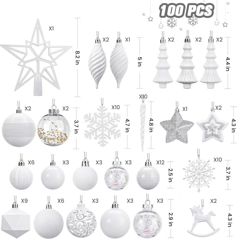SHareconn 100pcs Christmas Tree Decorations Ornaments Set, Shatterproof Plastic Baubles Decorative Balls for Xmas Tree Decor Holiday Wedding Party, White - Image 2