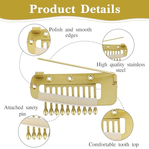 TecoKart® 8Pcs Dupatta Clips for Brides, Chunni Clips with Safety Pins, 10 Teeth Strong Grip Hair Extensions Clip for Bridal Veils and Hair Styling (Black and Gold) - Image 3