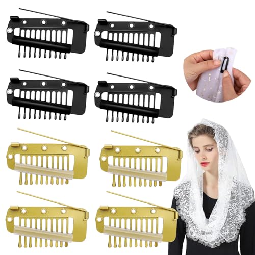 TecoKart® 8Pcs Dupatta Clips for Brides, Chunni Clips with Safety Pins, 10 Teeth Strong Grip Hair Extensions Clip for Bridal Veils and Hair Styling (Black and Gold) - Image 1