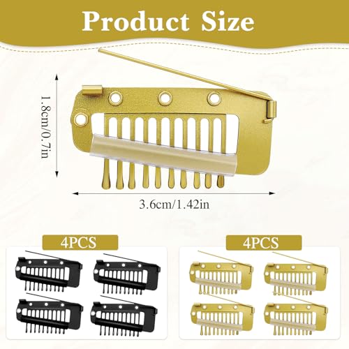 TecoKart® 8Pcs Dupatta Clips for Brides, Chunni Clips with Safety Pins, 10 Teeth Strong Grip Hair Extensions Clip for Bridal Veils and Hair Styling (Black and Gold) - Image 2