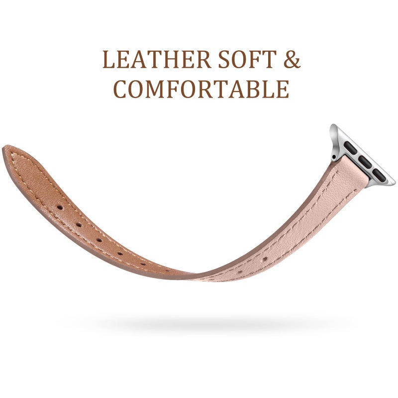 Charlam Compatible with Apple Watch Bands for Women 41mm 40mm 38mm 42mm 44mm 45mm 46mm, Top Grain Soft Leather Bands Slim Wristband for Apple Watch SE,iWatch Series 11 10 9 8 7 6 5 4 3 2 1,Pink/Silver - Image 3