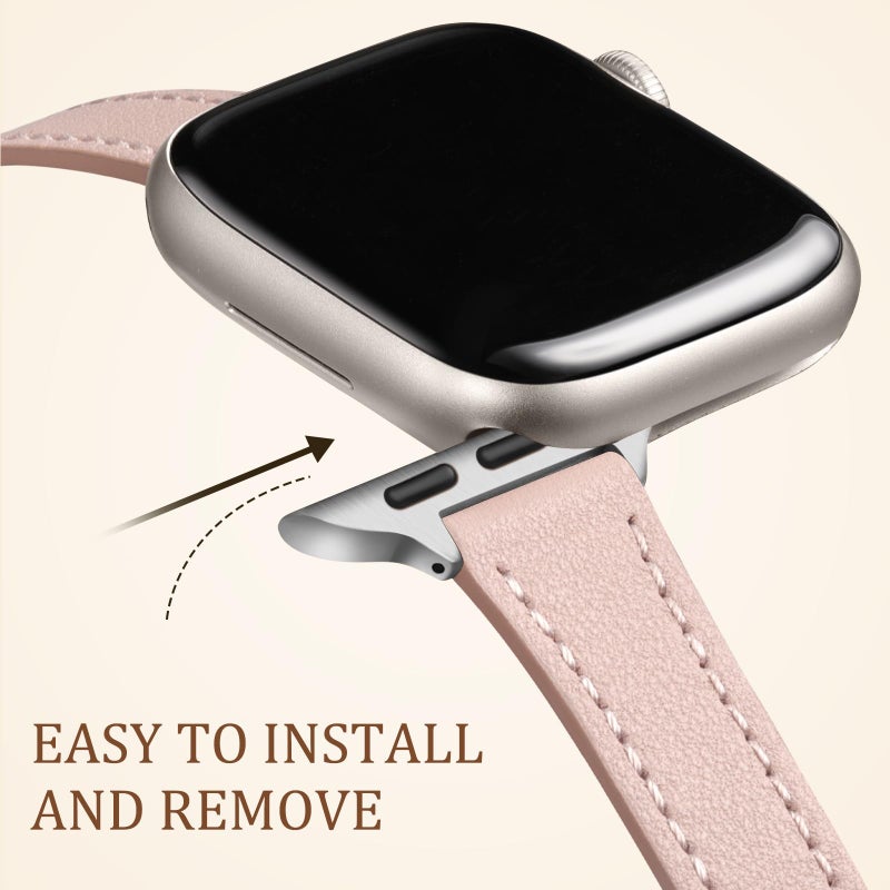Charlam Compatible with Apple Watch Bands for Women 41mm 40mm 38mm 42mm 44mm 45mm 46mm, Top Grain Soft Leather Bands Slim Wristband for Apple Watch SE,iWatch Series 11 10 9 8 7 6 5 4 3 2 1,Pink/Silver - Image 4