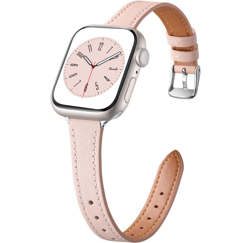 Charlam Compatible with Apple Watch Bands for Women 41mm 40mm 38mm 42mm 44mm 45mm 46mm, Top Grain Soft Leather Bands Slim Wristband for Apple Watch SE,iWatch Series 11 10 9 8 7 6 5 4 3 2 1,Pink/Silver - Image 1