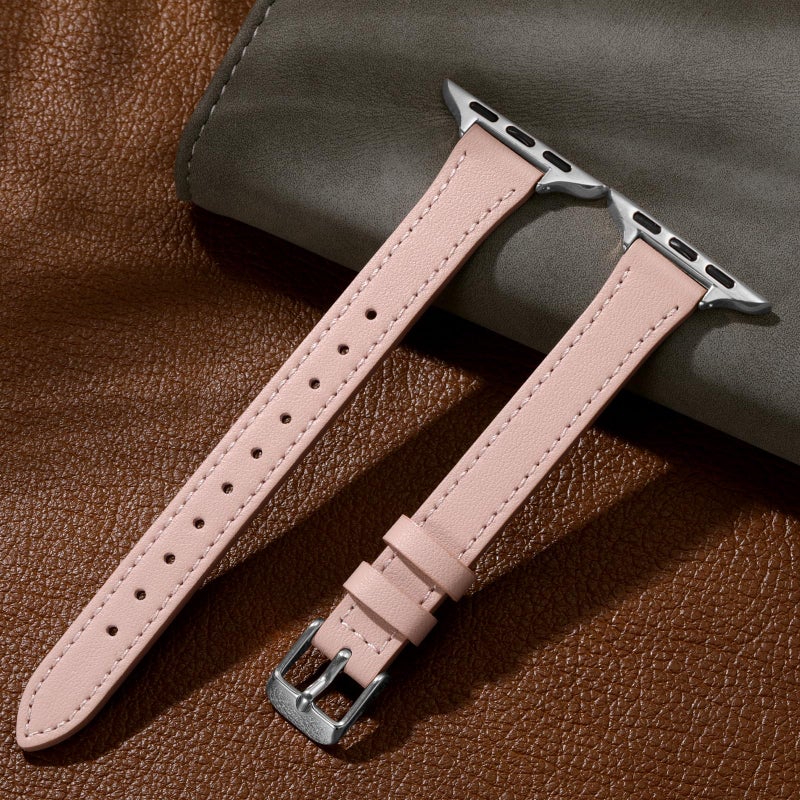 Charlam Compatible with Apple Watch Bands for Women 41mm 40mm 38mm 42mm 44mm 45mm 46mm, Top Grain Soft Leather Bands Slim Wristband for Apple Watch SE,iWatch Series 11 10 9 8 7 6 5 4 3 2 1,Pink/Silver - Image 5