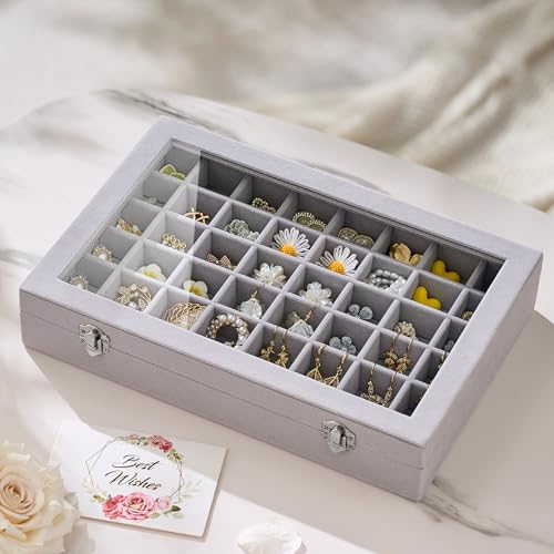 Josmimic 48 Grid Earring Organizer and Storage Velvet Jewelry Tray with Lid Jewelry Box for Studs Earrings Rings Necklaces Dresser Vanity Earrings Case Organizer for Girls Women 13x86x24 Grey - Image 3