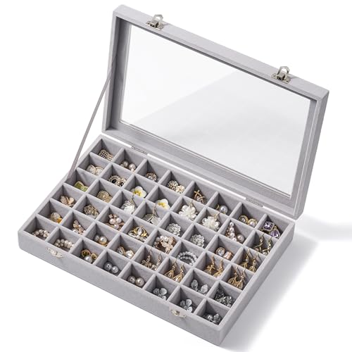 Josmimic 48 Grid Earring Organizer and Storage Velvet Jewelry Tray with Lid Jewelry Box for Studs Earrings Rings Necklaces Dresser Vanity Earrings Case Organizer for Girls Women 13x86x24 Grey - Image 1