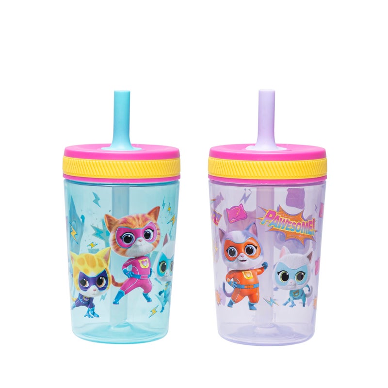 Zak Designs Disney SuperKitties Kelso Toddler Tumblers For Travel or At Home, 15oz 2-Pack Durable Plastic Sippy Cups With Leak-Proof Design is Perfect For Kids (Ginny, Sparks, Buddy, Bitsy) - Image 1