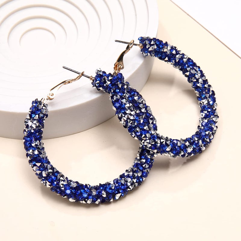 NLCAC Glitter Hoop Earrings Bohemian Sparkle Resin Rhinestone Wrapped Hoop Dangle Earrings for Women (Royal Blue) - Image 5
