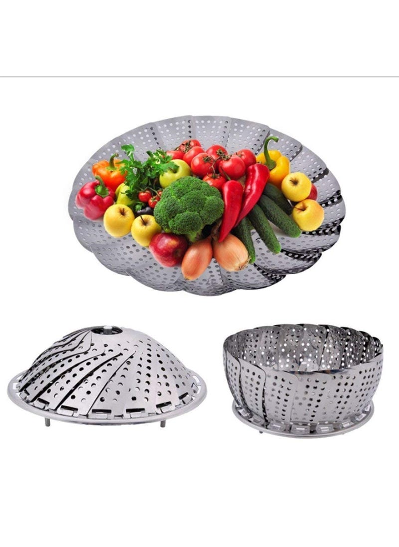 svk dream SVK Dream Stainless Steel Steamer Retractable, Metallic Stainless Steel Steamer Basket for Vegetable/Insert for Pots, Pans Foldable Multipurpose Fruit Bowl Steamer  - Image 1