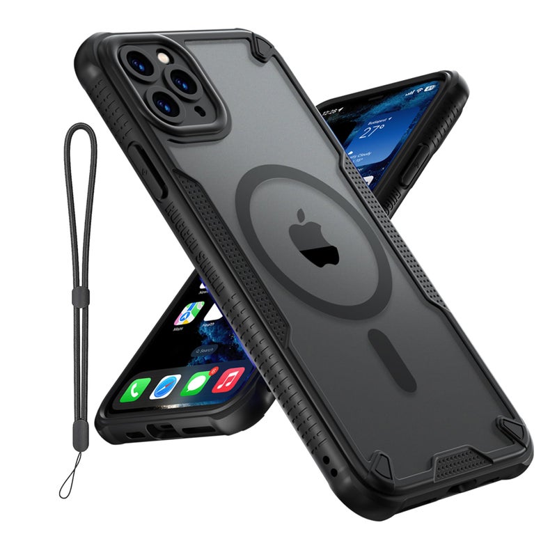 Teayoha for iPhone 11 Pro Max Case, Translucent Matte Back Compatible with Magsafe Magnetic Slim Shockproof Protective Case with Lanyard Strap Phone Cover 6.5-inch, Black - Image 1