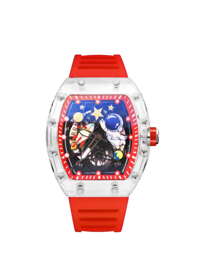 Men's Red Strap Transparent Case Casual Waterproof Quartz Watch, Hollow Dial with Astronaut Pattern