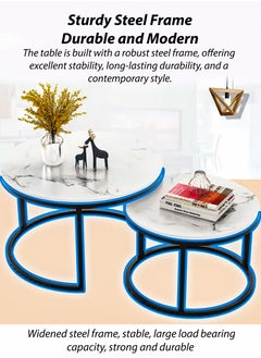 DBLEW Modern Faux Marble Finish Round Nesting Coffee Table Set of 2 One Small and One Big Side Tea Tables with Black Steel Base Space Saving Design Durable MDF Top Waterproof and Scratch-Resistant Perfect for Home Living Room Bedroom Outdoor Garden Patio or Small Spaces Versatile End Table, Sofa Side, Center Table Bedside Tables Stackable Accent Table  - Image 4