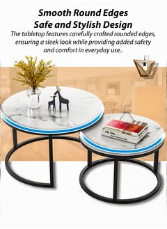 DBLEW Modern Faux Marble Finish Round Nesting Coffee Table Set of 2 One Small and One Big Side Tea Tables with Black Steel Base Space Saving Design Durable MDF Top Waterproof and Scratch-Resistant Perfect for Home Living Room Bedroom Outdoor Garden Patio or Small Spaces Versatile End Table, Sofa Side, Center Table Bedside Tables Stackable Accent Table  - Image 5