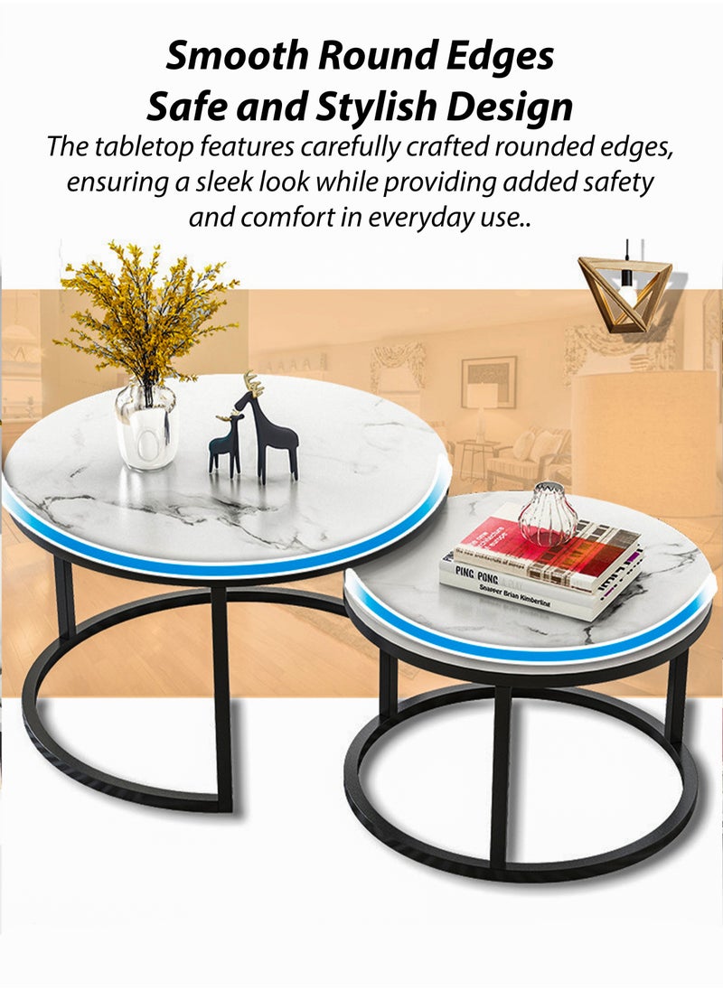 DBLEW Modern Faux Marble Finish Round Nesting Coffee Table Set of 2 One Small and One Big Side Tea Tables with Black Steel Base Space Saving Design Durable MDF Top Waterproof and Scratch-Resistant Perfect for Home Living Room Bedroom Outdoor Garden Patio or Small Spaces Versatile End Table, Sofa Side, Center Table Bedside Tables Stackable Accent Table  - Image 5