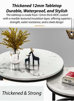 DBLEW Modern Faux Marble Finish Round Nesting Coffee Table Set of 2 One Small and One Big Side Tea Tables with Black Steel Base Space Saving Design Durable MDF Top Waterproof and Scratch-Resistant Perfect for Home Living Room Bedroom Outdoor Garden Patio or Small Spaces Versatile End Table, Sofa Side, Center Table Bedside Tables Stackable Accent Table  - Image 2