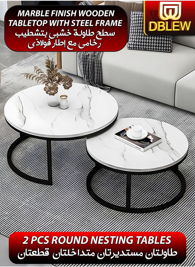 DBLEW Modern Faux Marble Finish Round Nesting Coffee Table Set of 2 One Small and One Big Side Tea Tables with Black Steel Base Space Saving Design Durable MDF Top Waterproof and Scratch-Resistant Perfect for Home Living Room Bedroom Outdoor Garden Patio or Small Spaces Versatile End Table, Sofa Side, Center Table Bedside Tables Stackable Accent Table  - Image 1