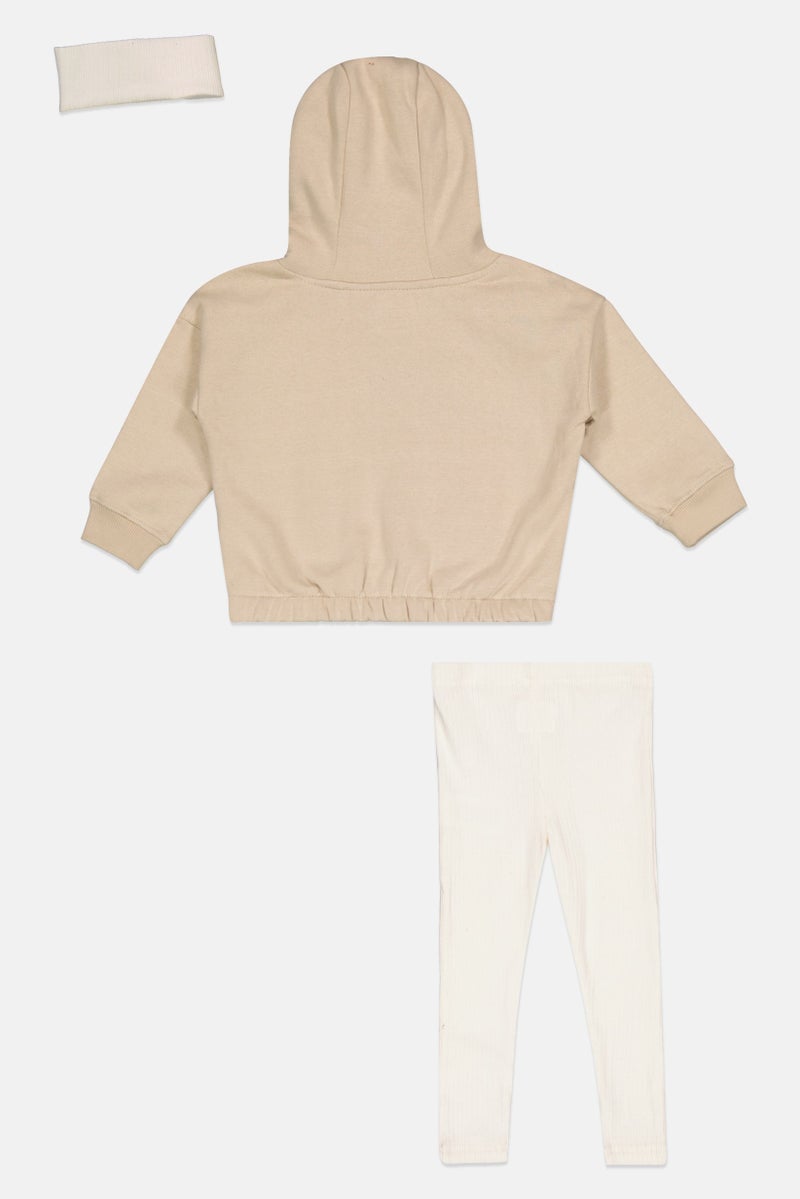 Fudo Toddlers Girl 3 Pieces Solid Hoodie And Leggings With Head Band Set, Beige - Image 2