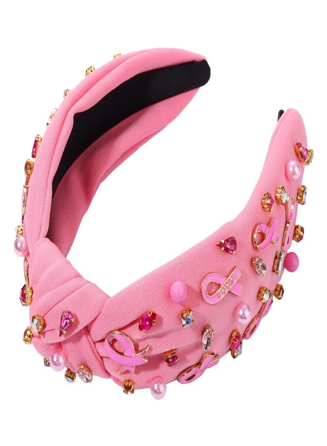 NVENF Breast Cancer Awareness Headband Crystal Pearl Knotted Headband for Women Pink Ribbon Headbands Jeweled Embellished Top Knot Headbands Breast Cancer Survivor Gifts (Pink Ribbon A) - Image 5
