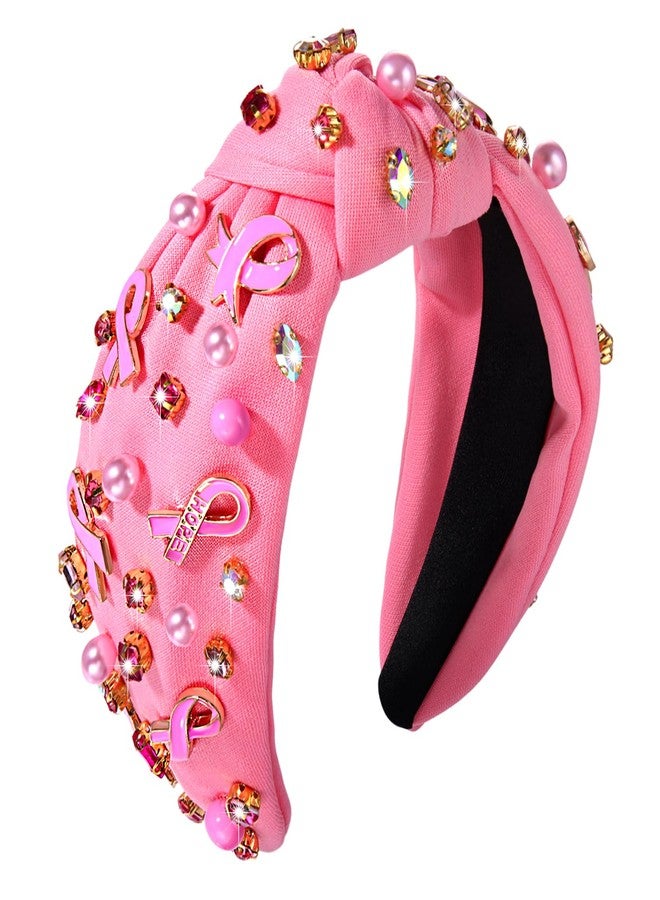 NVENF Breast Cancer Awareness Headband Crystal Pearl Knotted Headband for Women Pink Ribbon Headbands Jeweled Embellished Top Knot Headbands Breast Cancer Survivor Gifts (Pink Ribbon A) - Image 1