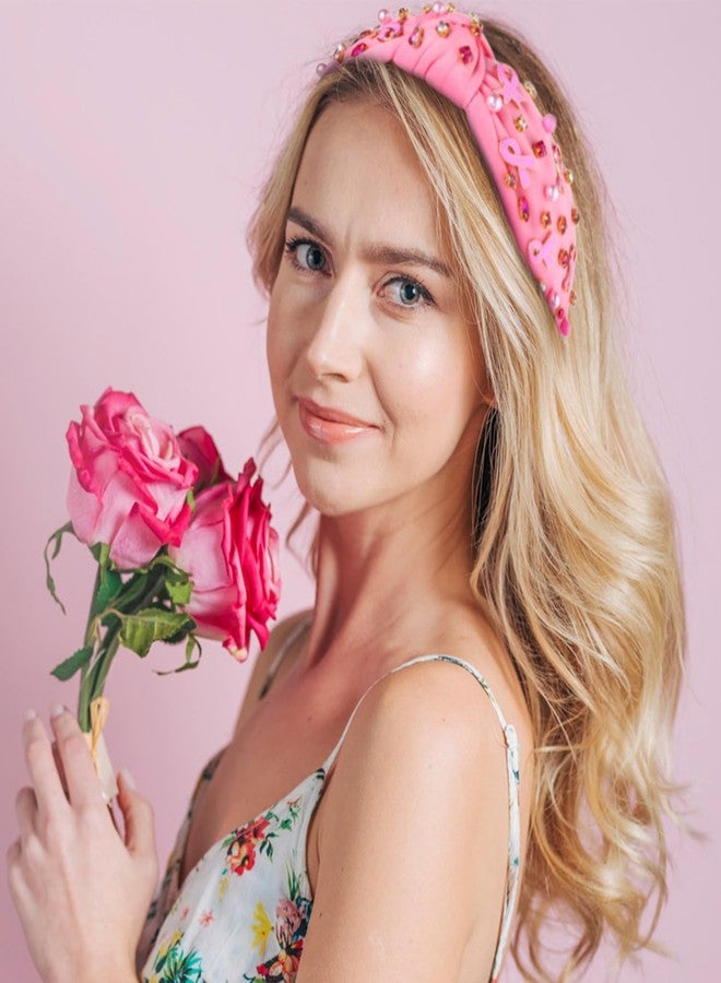 NVENF Breast Cancer Awareness Headband Crystal Pearl Knotted Headband for Women Pink Ribbon Headbands Jeweled Embellished Top Knot Headbands Breast Cancer Survivor Gifts (Pink Ribbon A) - Image 3