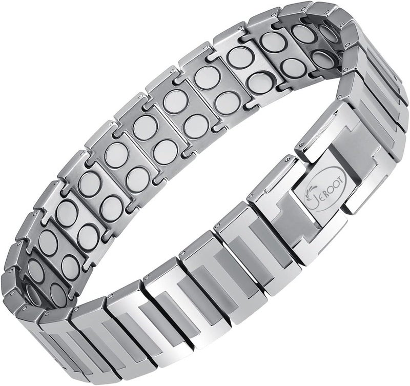 JEROOT Upgraded Magnetic Bracelets for Men, Pure Titanium Double Row Ultra Strength Magnets(4000 Gauss Per Magnet) Bracelets, Men's Bracelet with Adjustment Tool & Jewelry Gift Box (Sliver)
