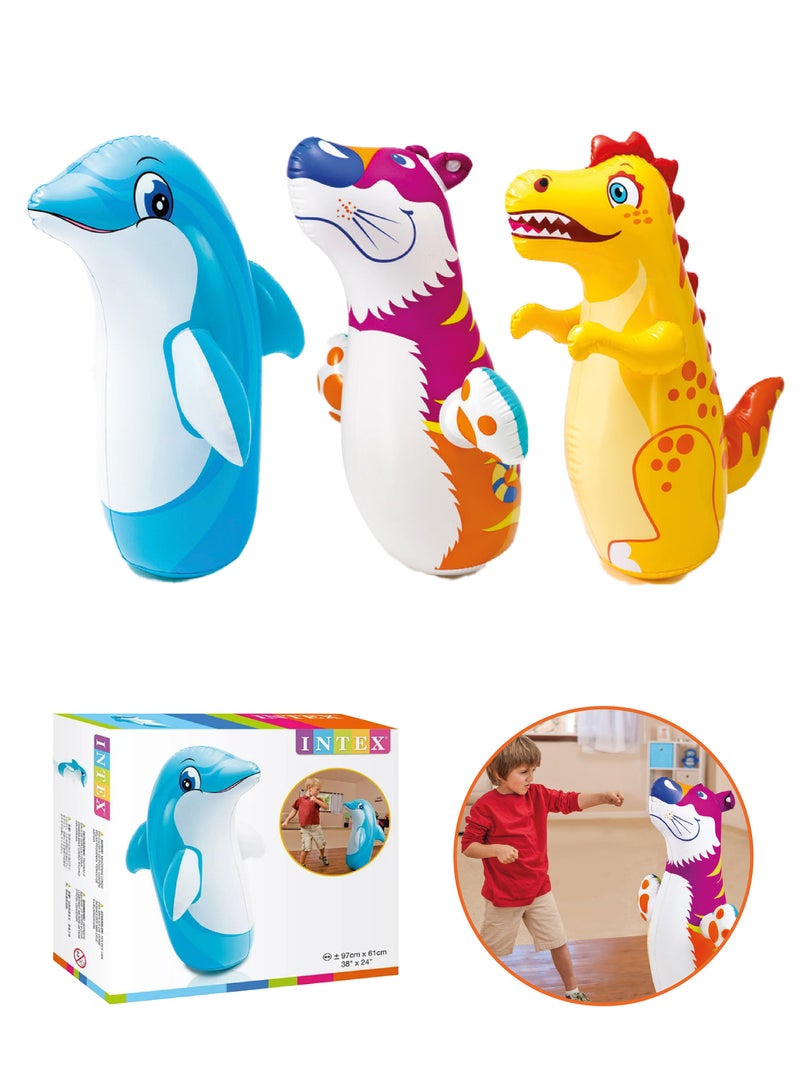 انتكس أنتكس اكياس بوب ملاكمة ثلاثية الأبعاد قابلة للنفخ مصممة للأطفال وتتميز بقاعدة مملوءة بالرمل تساعدها على العودة إلى وضعها العمودي بعد كل لكمة، مما يجعلها تعود تلقائيًا بعد الضرب، وهو ما يوفر تجربة ممتعة وآمنة للطفل تتوفر بثلاثة اشكال مختلفة - Image 1