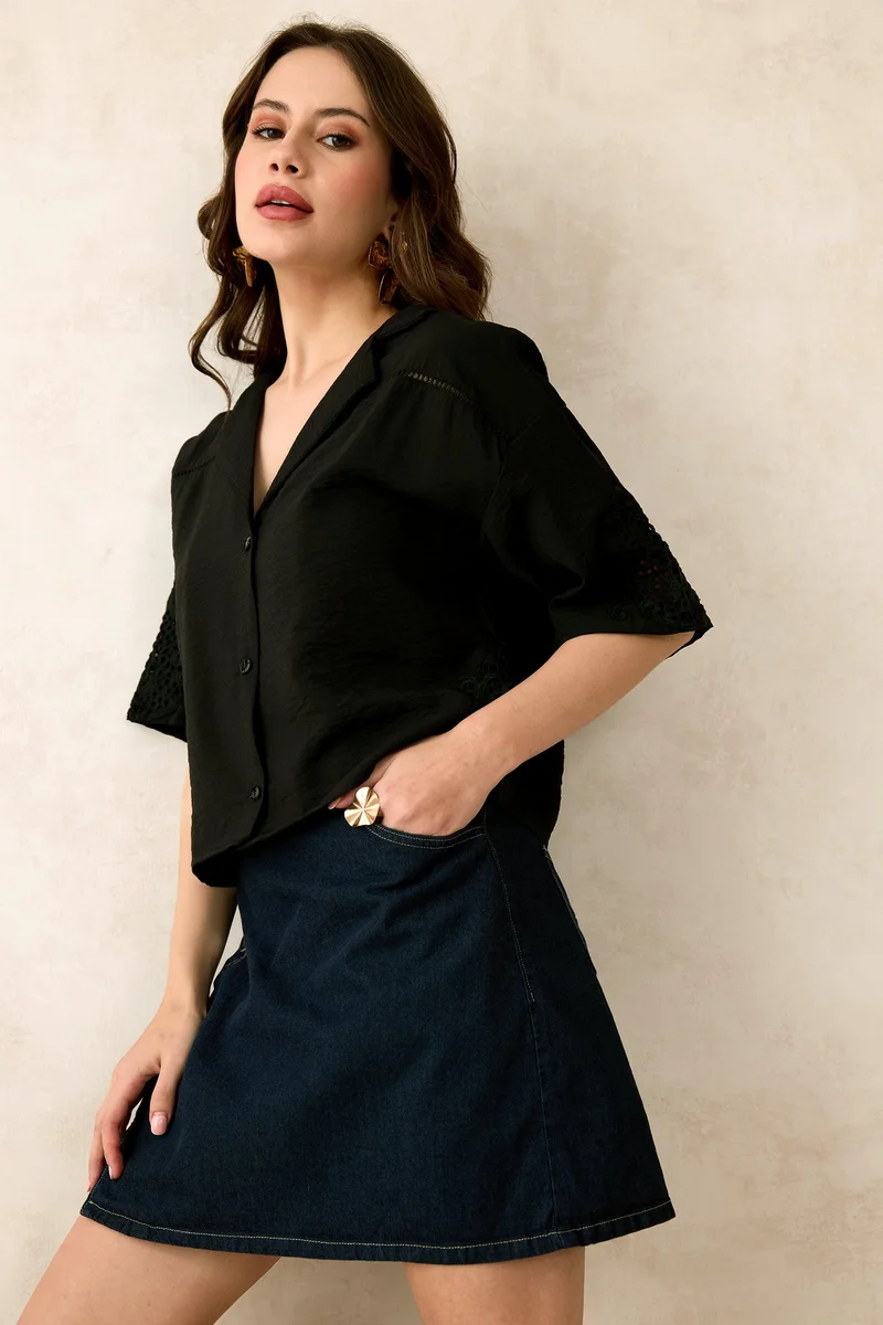 Virgio Solid Viscose Lapel Collar Crop Lace Shirt for Women