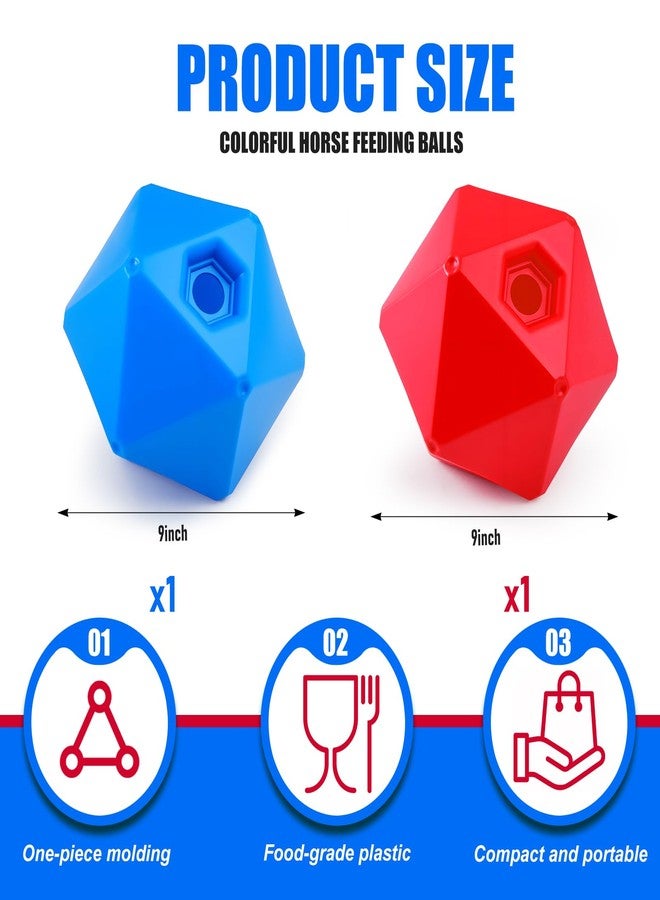 Seenelling كرة تغذية الخيول من سينيلينج، لعبة تغذية كرات الخيول مقاس 9 بوصات ومخففة للتوتر بفتحة 1.13 بوصة للحظيرة، ألعاب إثراء التغذية البطيئة للخيول للعب (عبوة من قطعتين، أحمر وأزرق) - Image 2