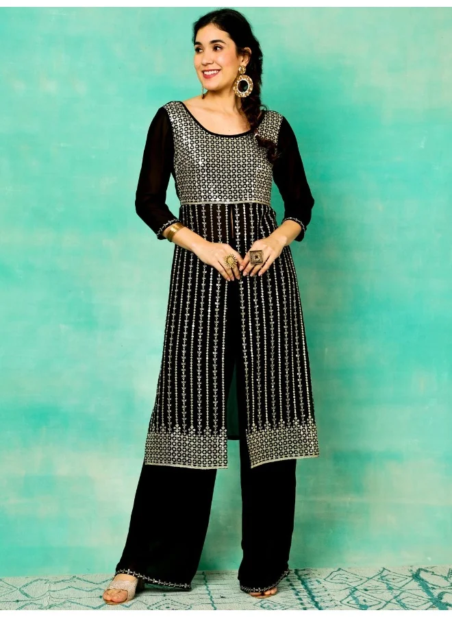 AKS Black Sequence Embroidered Georgette Kurta & Palazzo