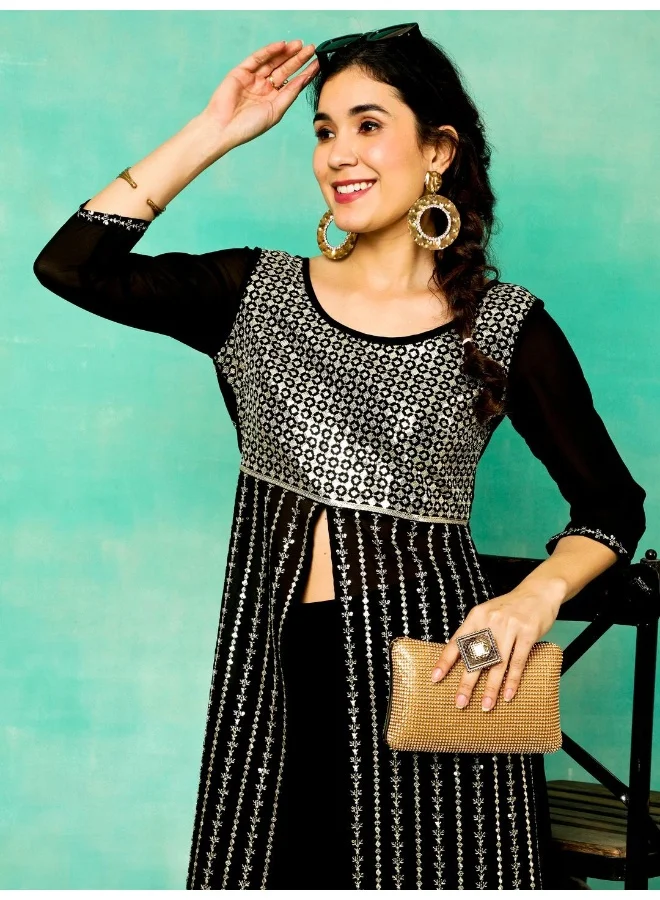 أيه كيه إس Black Sequence Embroidered Georgette Kurta & Palazzo