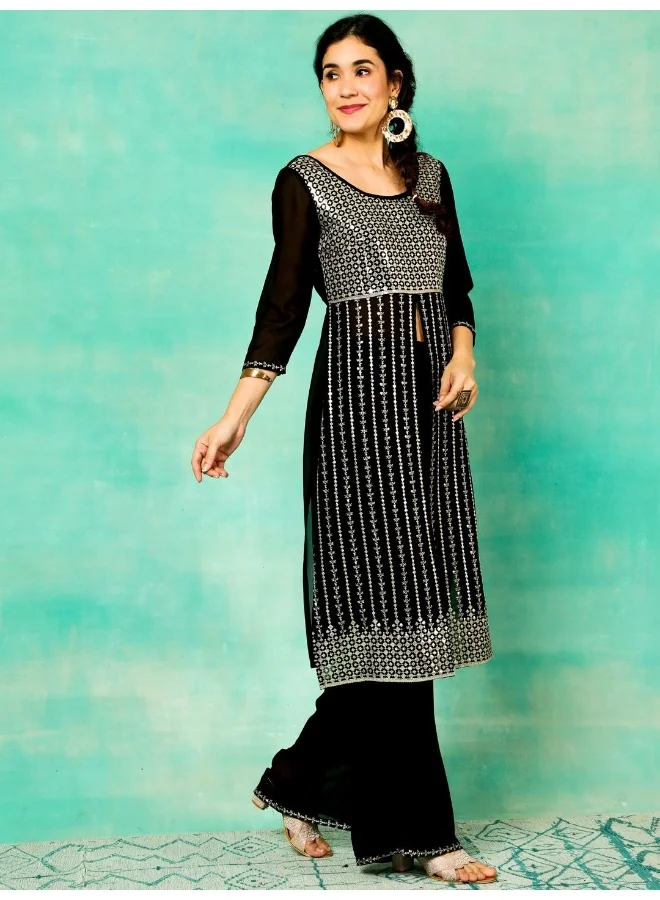 AKS Black Sequence Embroidered Georgette Kurta & Palazzo