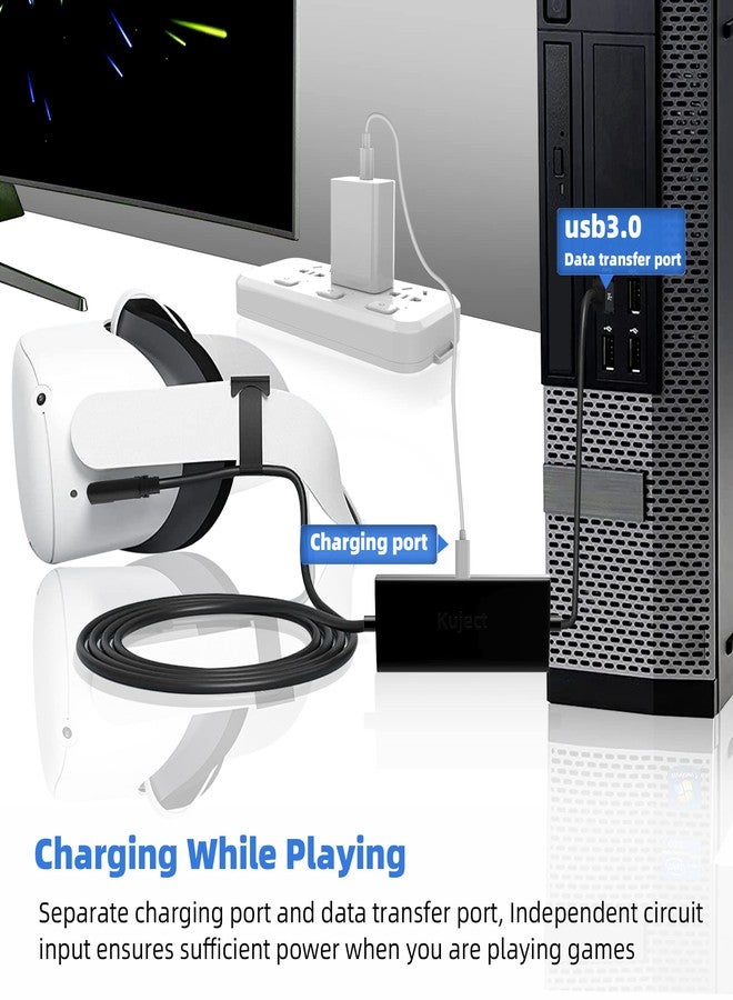 Kuject Design 20FT Link Cable for Quest 3S/3, Quest 2 and Quest Pro, with Separate Charging Port for Uninterrupted Power, USB 3.0 Type A to C Cable for VR Headset Accessories and Gaming PC - Image 2