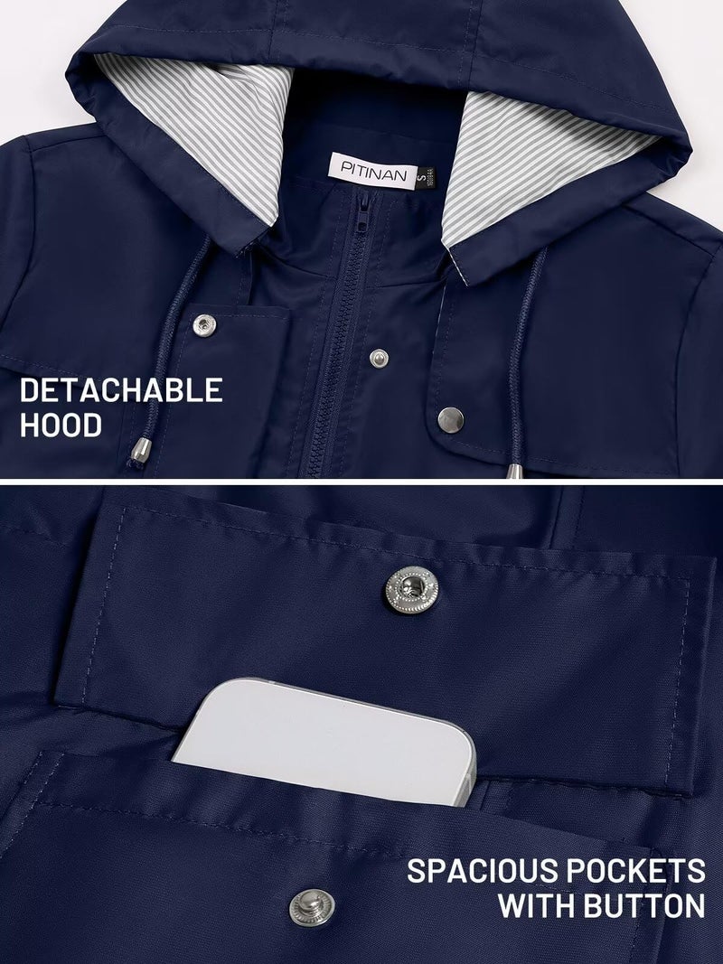 PITINAN Womens Rain Coats with Hood Womens Rain Jacket Lightweight Windbreaker Raincoat Waterproof Rain Jacket For Women Navy M - Image 4
