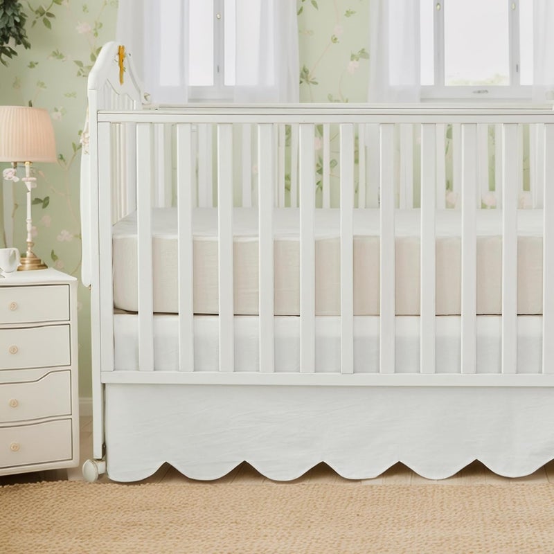 Brandream Scallop Edge Organic Cotton Crib Skirt, Baby Boy, Baby Girl, Gender Neutral Crib Skirt Toddler Bedskirt Farmhouse Chic Nursery Crib Bed Skirt, Boho Bohemian Solid Cream White Skirt - Image 1