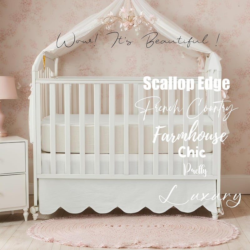 Brandream Scallop Edge Organic Cotton Crib Skirt, Baby Boy, Baby Girl, Gender Neutral Crib Skirt Toddler Bedskirt Farmhouse Chic Nursery Crib Bed Skirt, Boho Bohemian Solid Cream White Skirt - Image 5