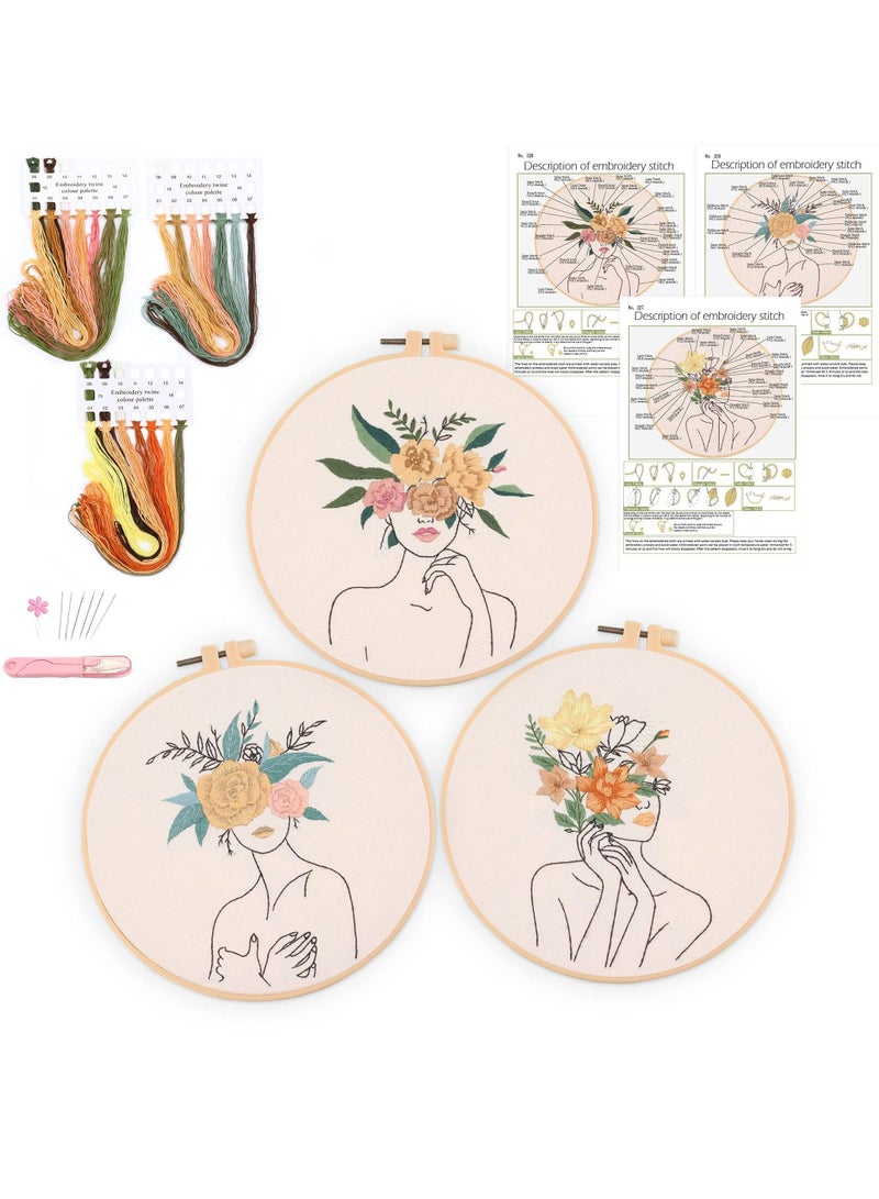 Embroidery Kit, 3-Piece Beginner Cross Stitch Kit with Pattern and Instructions, Floral Botanical Print Embroidery Cloth, Colorful Thread and Embroidery Kit Embroidery Hoops - Image 1