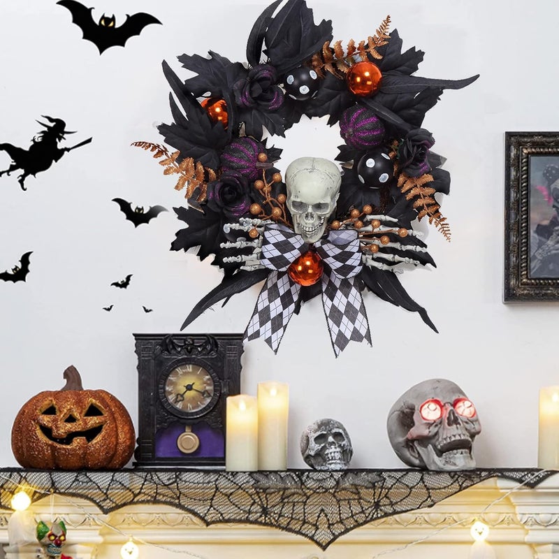 Adeeing Halloween Wreath for Front Door Halloween Skeleton Decorations, 20 Inch Pumpkin Wreath with Skull Black Roses Maple Leaves for Window Indoor Outside Home Party Decor - Image 2