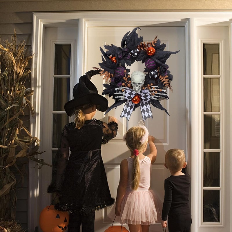 Adeeing Halloween Wreath for Front Door Halloween Skeleton Decorations, 20 Inch Pumpkin Wreath with Skull Black Roses Maple Leaves for Window Indoor Outside Home Party Decor - Image 5