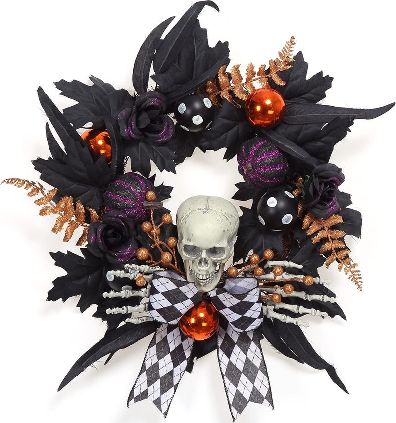 Adeeing Halloween Wreath for Front Door Halloween Skeleton Decorations, 20 Inch Pumpkin Wreath with Skull Black Roses Maple Leaves for Window Indoor Outside Home Party Decor - Image 1