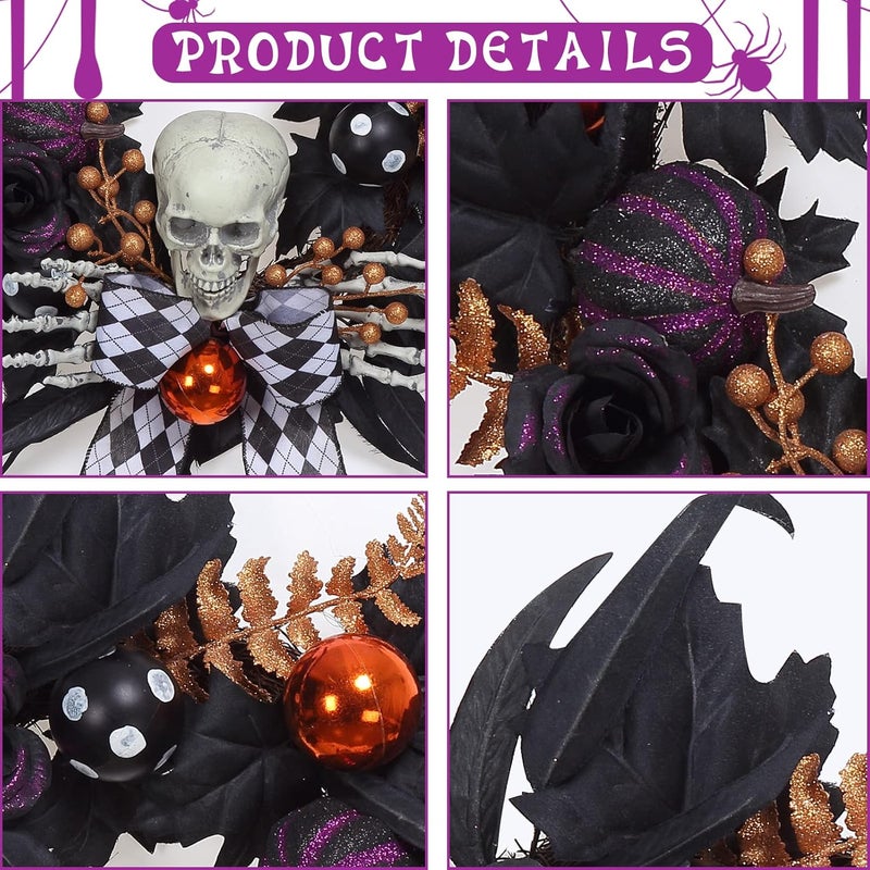 Adeeing Halloween Wreath for Front Door Halloween Skeleton Decorations, 20 Inch Pumpkin Wreath with Skull Black Roses Maple Leaves for Window Indoor Outside Home Party Decor - Image 3