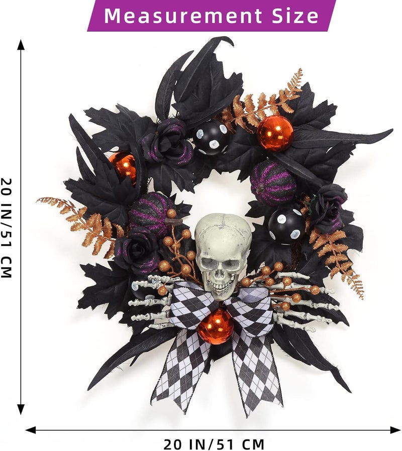 Adeeing Halloween Wreath for Front Door Halloween Skeleton Decorations, 20 Inch Pumpkin Wreath with Skull Black Roses Maple Leaves for Window Indoor Outside Home Party Decor - Image 4