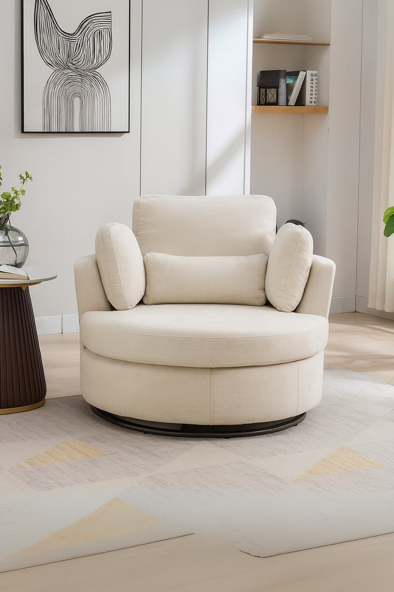KUSTOMDECO Modern Round 360° Swivel Single Sofa Chair – Fabric Oversize Sofa Accent Armchair with Cushions for Living Room & Bedroom Furniture Cream Beige - Image 1