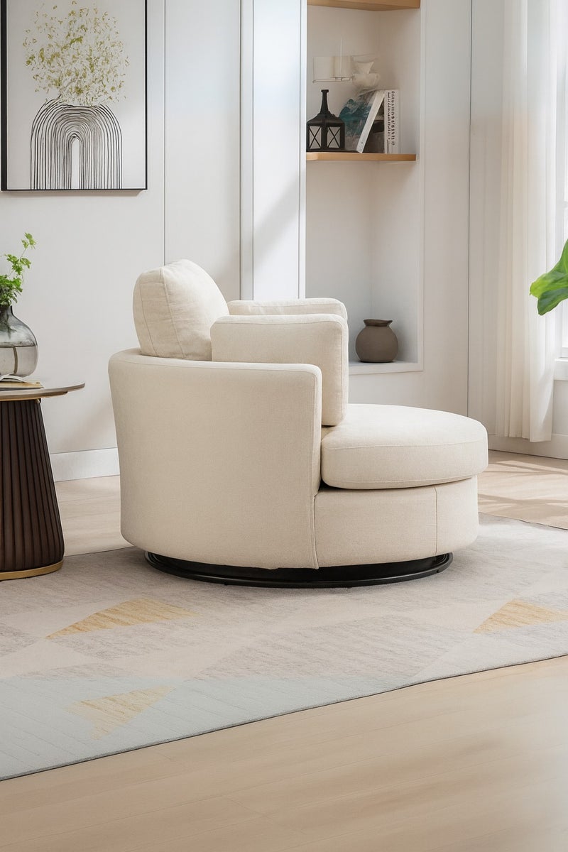 KUSTOMDECO Modern Round 360° Swivel Single Sofa Chair – Fabric Oversize Sofa Accent Armchair with Cushions for Living Room & Bedroom Furniture Cream Beige - Image 3