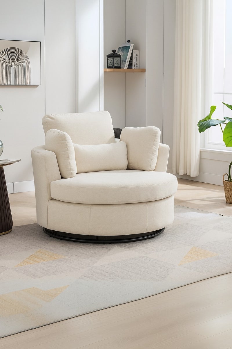 KUSTOMDECO Modern Round 360° Swivel Single Sofa Chair – Fabric Oversize Sofa Accent Armchair with Cushions for Living Room & Bedroom Furniture Cream Beige - Image 4