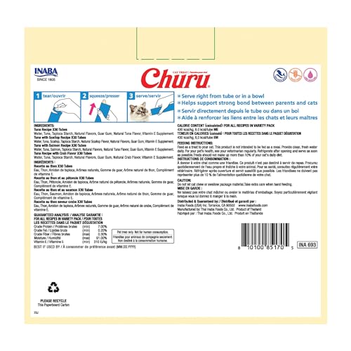 INABA Churu Cat Treats, Lickable, Squeezable Creamy Purée with Vitamin E, 0.5 Ounces per Tube, 120 Tubes Total, Tuna Variety - Image 2