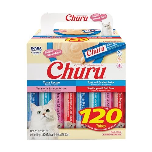 INABA Churu Cat Treats, Lickable, Squeezable Creamy Purée with Vitamin E, 0.5 Ounces per Tube, 120 Tubes Total, Tuna Variety - Image 1
