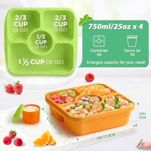 QQKO Bento Snack Box Containers for Adults Kids 4 Pack Lunchable Meal Prep Containers Reusable Stackable Bento Lunch Box Food Storage Prep Containers with Lids and 4 Sauce Cups Jewel Color - Image 3