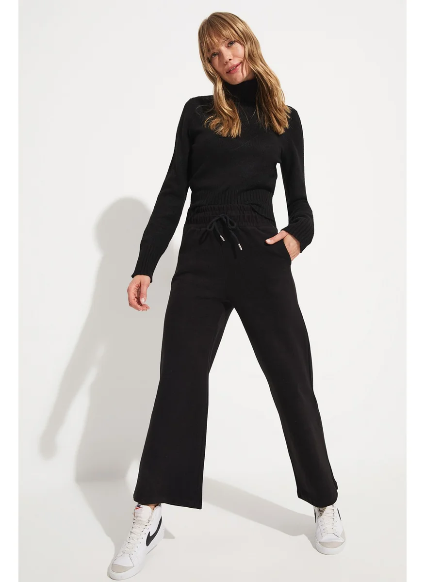 JUNE High Waist Straight/Straight Cut Cotton Blend Knit Trousers