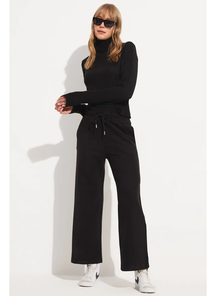 JUNE High Waist Straight/Straight Cut Cotton Blend Knit Trousers