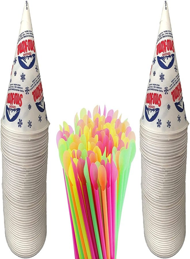 Concession Essentials 100 Count 6oz Snow Cone Cups with 100 8" Neon Spoon Straws, Pack of 200ct (100 cups/100 straws) - Image 1
